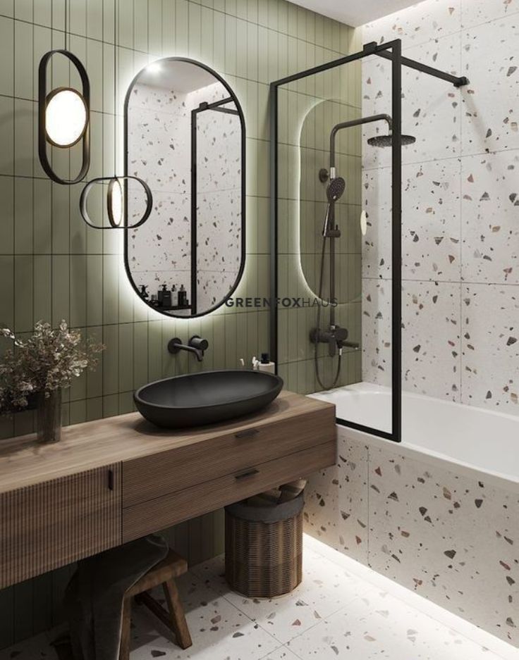 Gạch ốp lát terrazzo phòng tắm kết hợp gạch thẻ