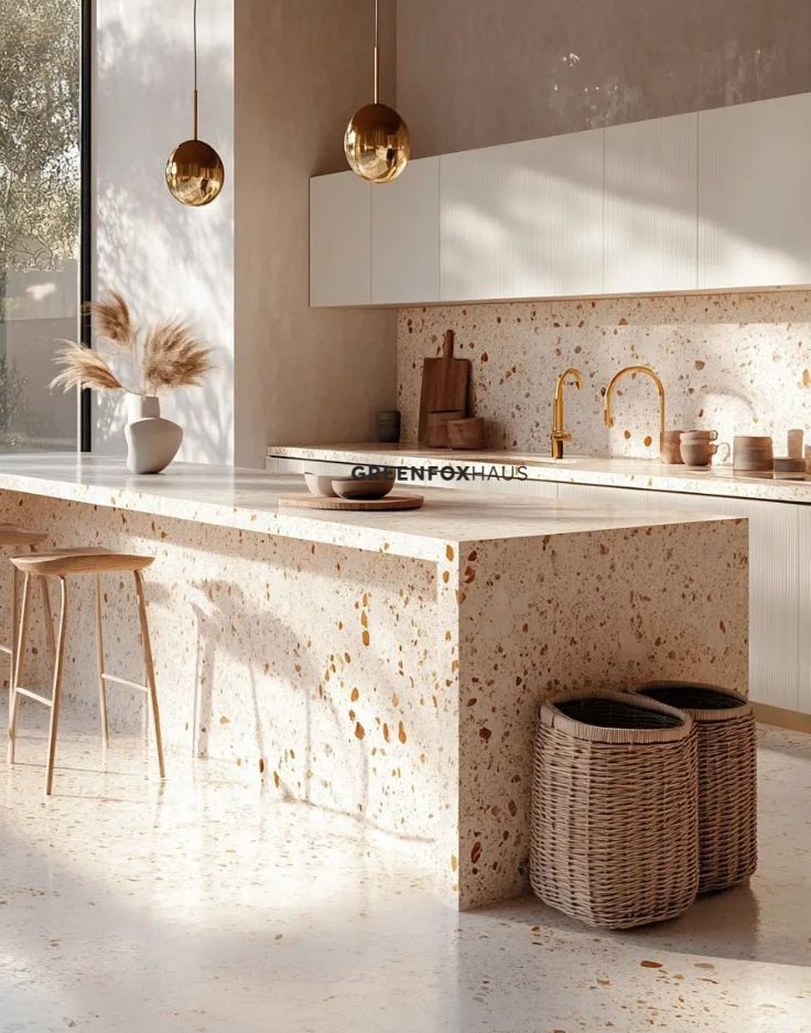 Gạch ốp lát vân terrazzo phòng bếp phong cách hiện đại