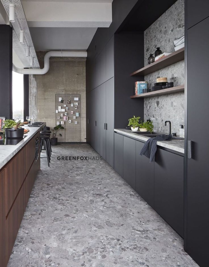 Gạch ốp lát vân terrazzo phòng bếp phong cách công nghiệp