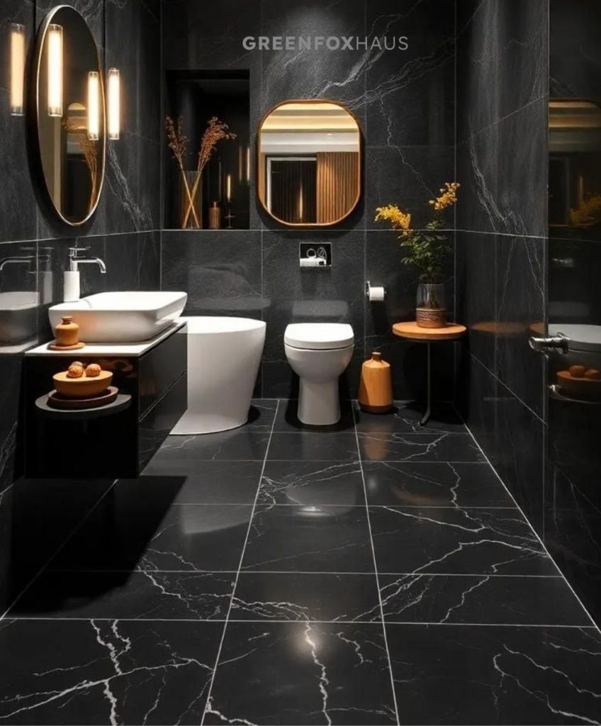 Mẫu thiết kế phòng tắm sử dụng gạch vân đá marble đen cho cả tường và nền mang đến cảm giác sang trọng, mạnh mẽ và rất cao cấp. Tông đen kết hợp với đường vân đá tự nhiên tạo chiều sâu cho không gian, đặc biệt phù hợp với phòng tắm rộng, có ánh sáng tốt hoặc sử dụng đèn vàng ấm. Khi phối cùng thiết bị vệ sinh trắng, kim loại mạ chrome hoặc vàng đồng, tổng thể phòng tắm sẽ trở nên nổi bật, hiện đại và đậm chất khách sạn 5 sao.