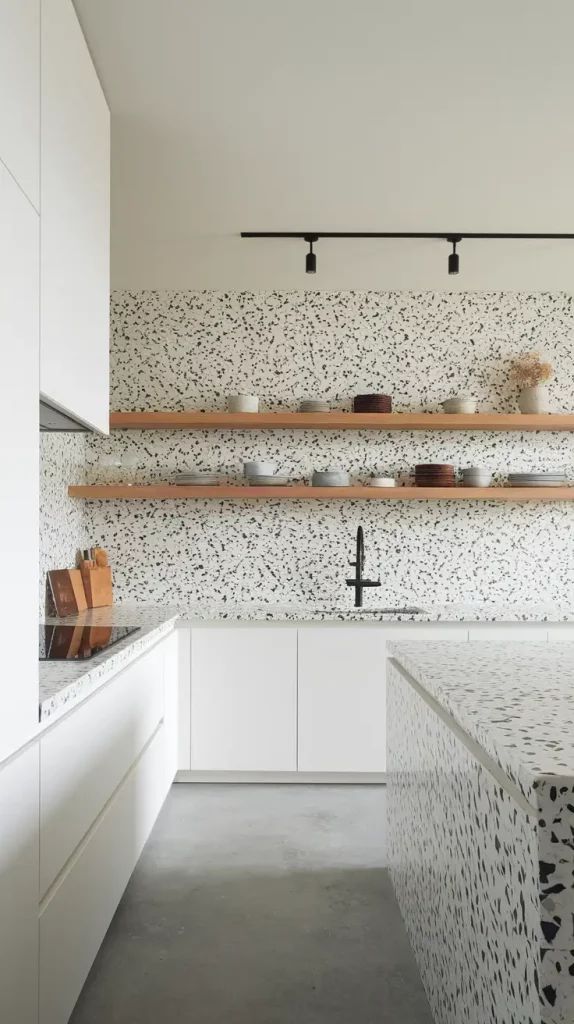 Gạch terrazzo trắng đen – bếp phong cách hiện đại, trẻ trung và nổi bật nhờ họa tiết terrazzo độc đáo.