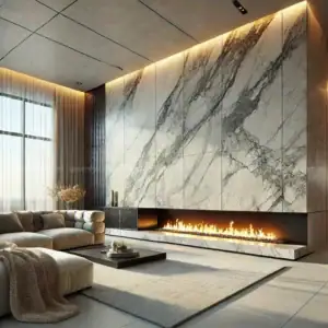 Mảng tường phòng khách trở thành tâm điểm với gạch BIGSLAB vân Calacatta, kết hợp lò sưởi dài và ánh sáng hắt, tôn lên vẻ đẹp hiện đại và tinh tế.