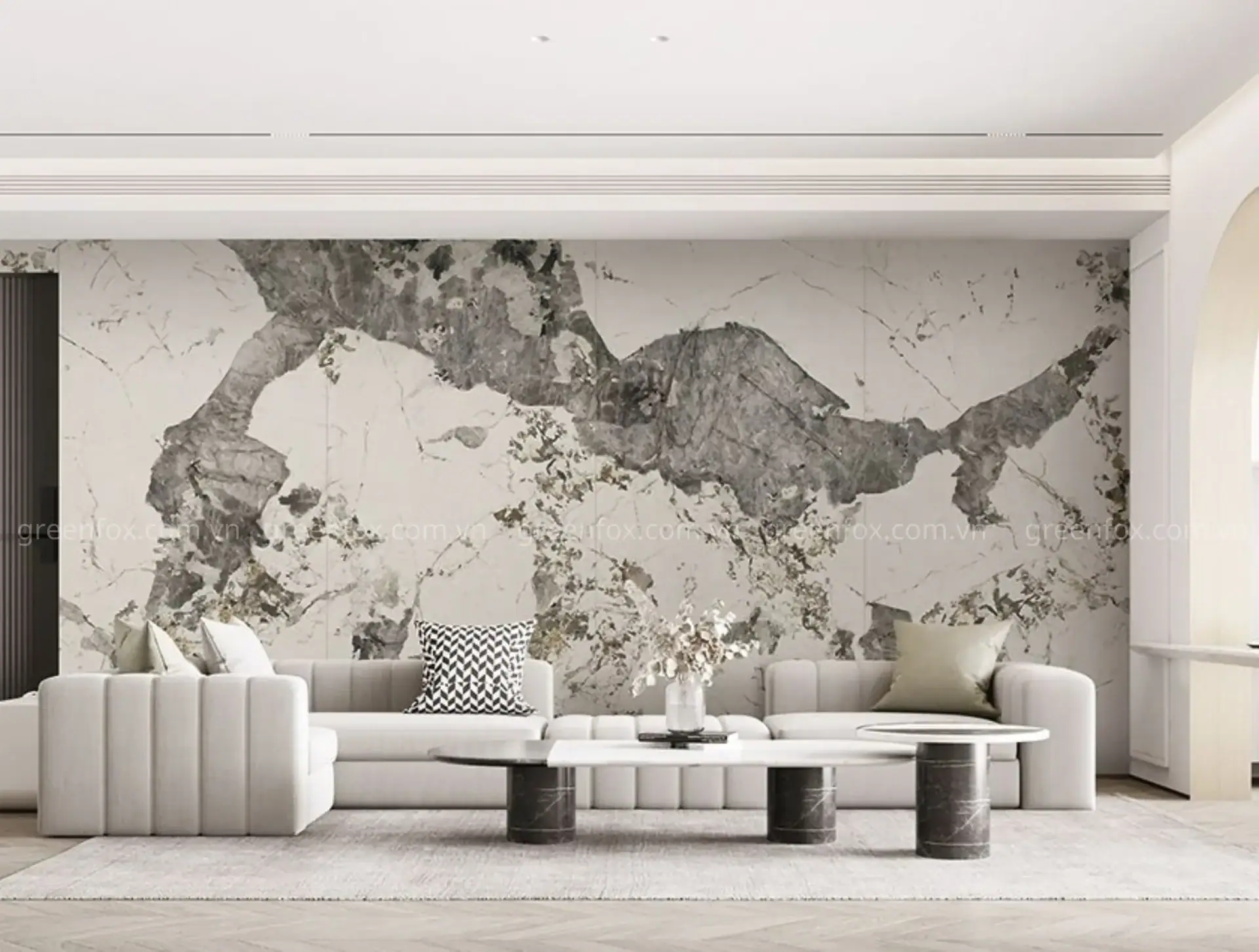 Gạch BIGSLAB vân Marble trắng xám ốp tường phòng khách hiện đại phía sau sofa, tạo điểm nhấn sang trọng cho không gian sống.