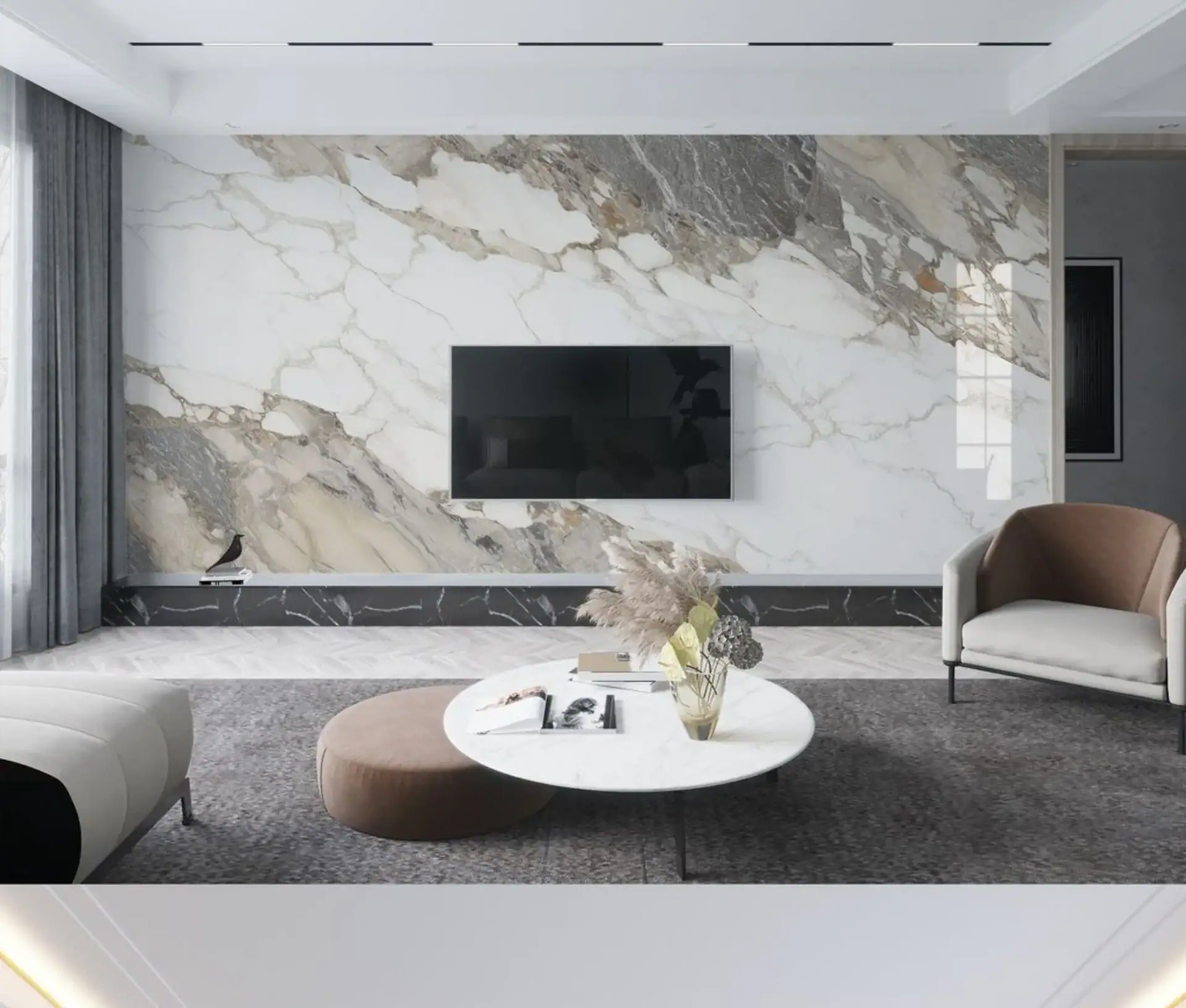 Gạch khổ lớn BIGSLAB vân Calacatta trắng xám ốp tường khu vực TV trong phòng khách phong cách hiện đại.