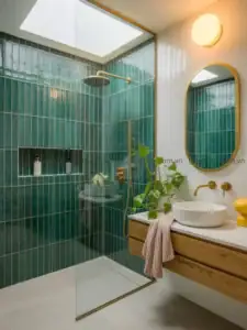 Gạch thẻ xanh ngọc men bóng ốp tường phòng tắm với lavabo gỗ và gương khung vàng.