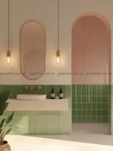Gạch thẻ xanh pastel ốp tường trang trí phòng tắm phong cách tối giản với hốc tường bo cong.
