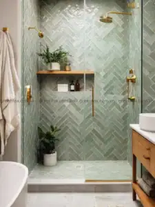 Gạch mosaic xương cá xanh ngọc ốp tường phòng tắm hiện đại với vách kính và phụ kiện màu vàng.