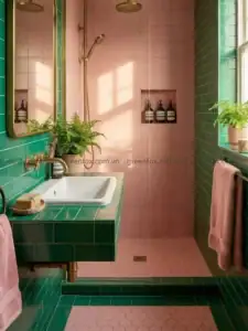 Sự kết hợp giữa gạch màu xanh emerald và hồng pastel mang đến phòng tắm phong cách retro đầy cá tính.