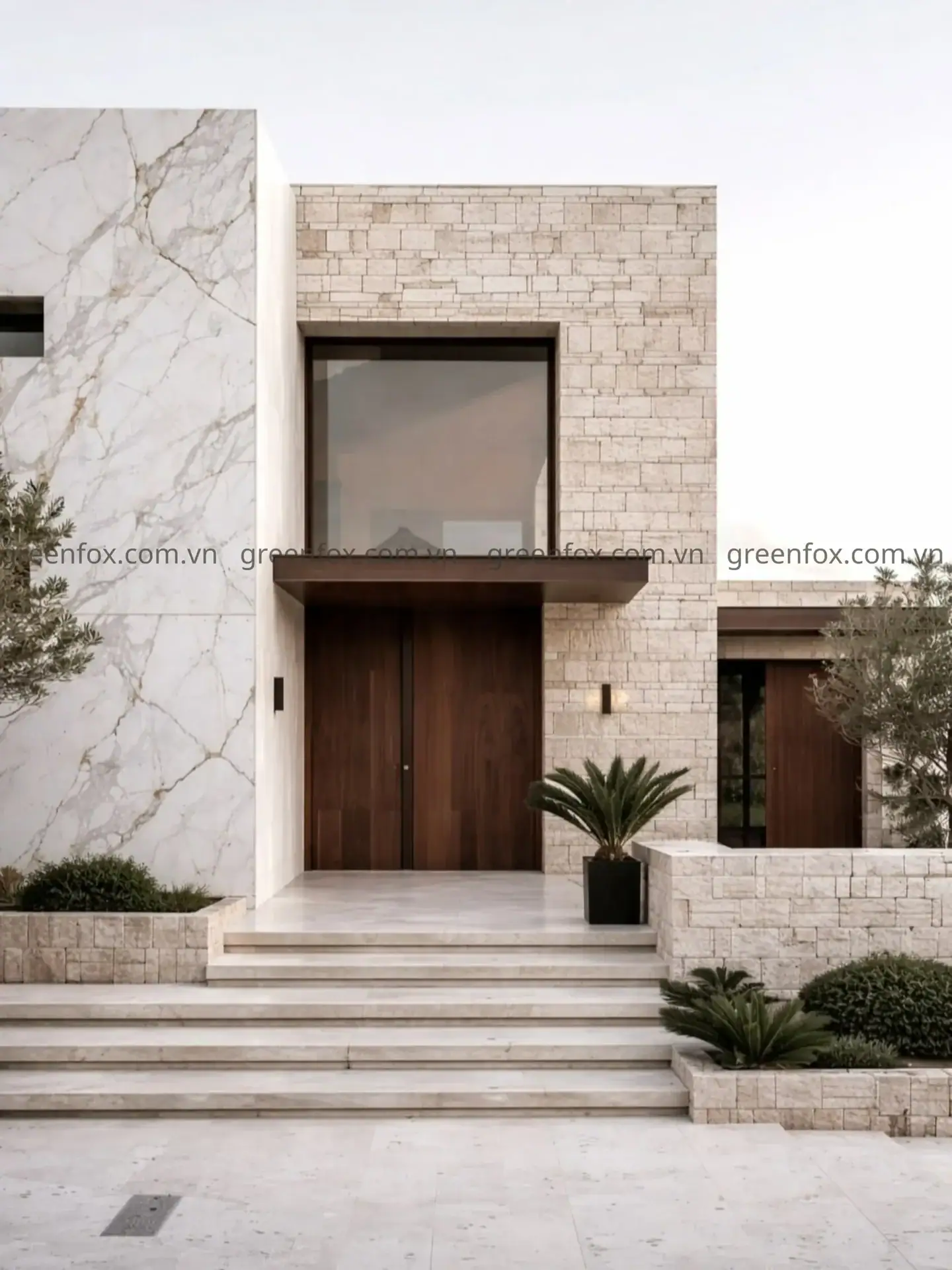 Gạch giả đá chẻ kết hợp gạch vân Marble tạo chiều sâu cho mặt tiền, mang đến vẻ đẹp sang trọng và bền bỉ theo thời gian.