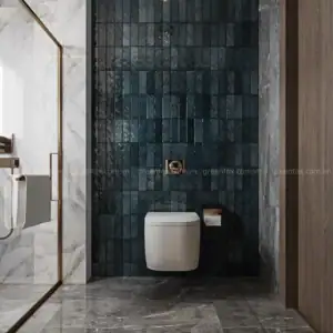 Sự kết hợp giữa gạch thẻ màu xanh đậm, gạch Marble trắng và gạch vân đá xám tạo nên phòng tắm cá tính, sang trọng.