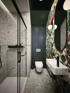 Phòng tắm sử dụng gạch terrazzo, gạch sọc nổi và gạch họa tiết nhiệt đới tạo không gian độc đáo, giàu cá tính.