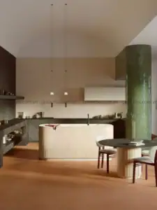 Gạch ốp tường bếp dạng thanh màu kem tạo vẻ đẹp tối giản và thanh lịch.