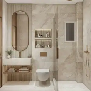Phòng tắm sử dụng gạch vân marble màu kem khổ lớn (khoảng 60×120 hoặc 80×160 cm), kết hợp lavabo treo, hốc tường âm và vách kính tạo cảm giác rộng rãi, sang trọng.