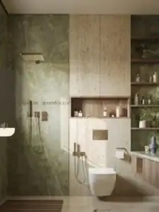 Khu vực tắm nổi bật với bề mặt giả đá travertine màu be kết hợp mảng đá xanh tự nhiên và hệ kệ âm tường, mang phong cách spa hiện đại.
