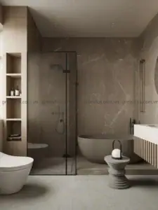 Đá vân nâu khổ lớn kết hợp nội thất gỗ tạo chiều sâu cho phòng tắm cao cấp.