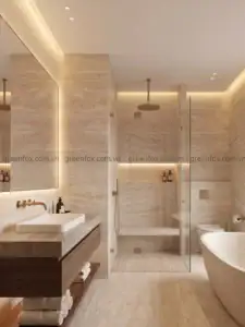 Sắc be vân travertine giúp không gian phòng tắm luôn sáng và tinh tế.