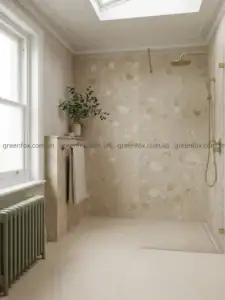 Phòng tắm sử dụng gạch terrazzo nền sáng cho tường và sàn, kết hợp bồn tắm độc lập, lavabo đôi và giếng trời lấy sáng tự nhiên.