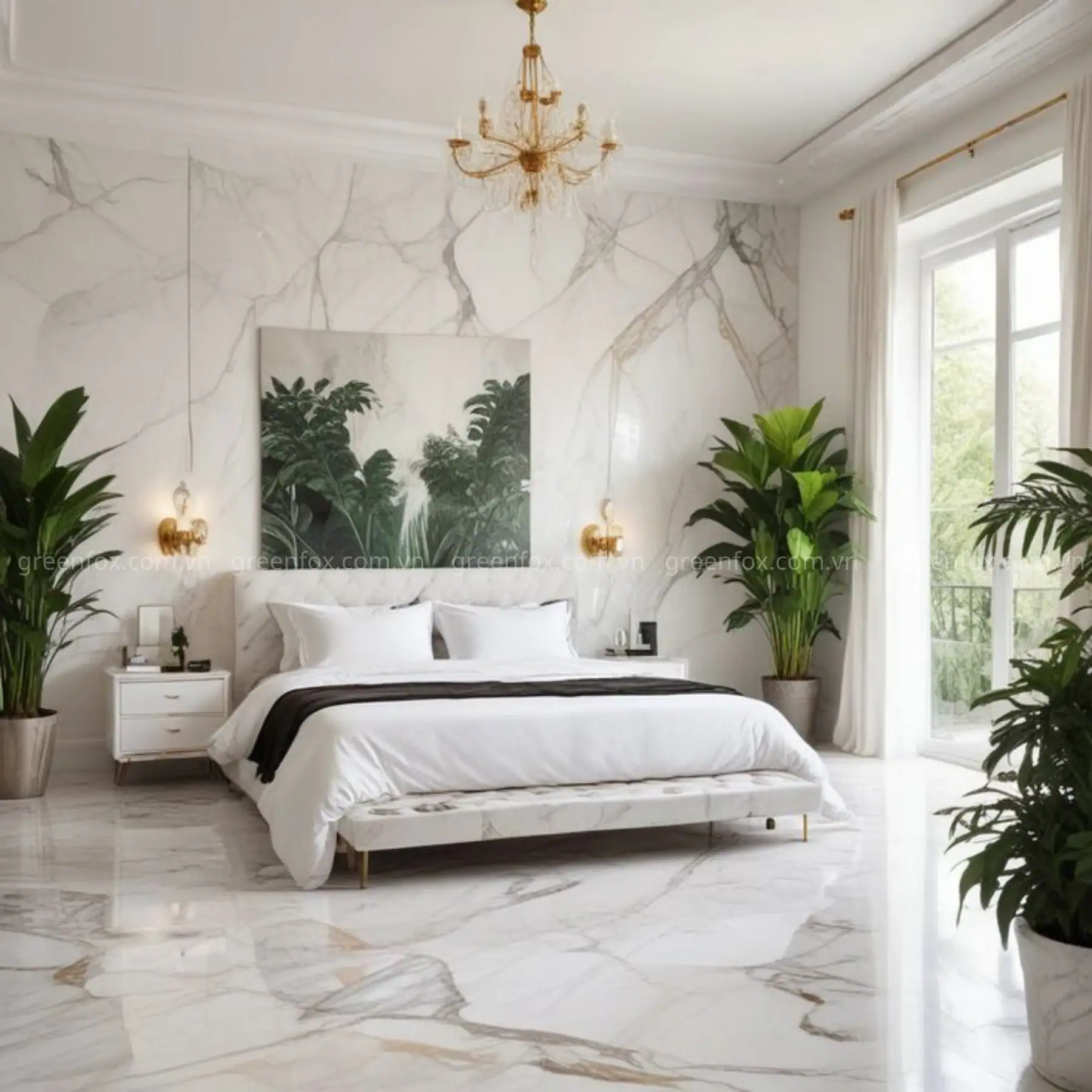 Bề mặt vân marble trắng khổ lớn tạo điểm nhấn sang trọng, giúp phòng ngủ đón sáng và mở rộng cảm giác không gian.