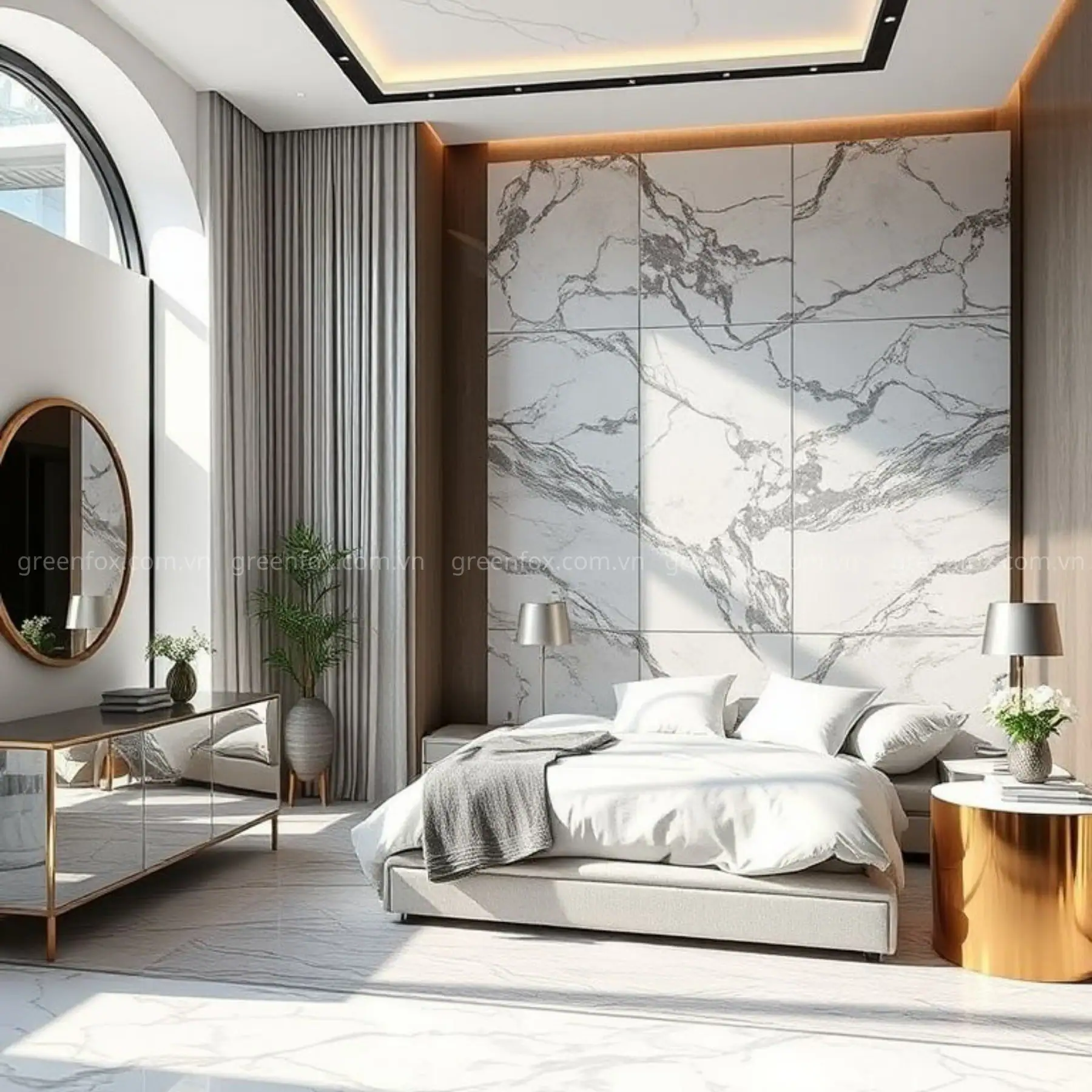Thiết kế phòng ngủ cao cấp với gạch porcelain vân Calacatta khổ lớn 60x120 hoặc 120x120 cm, phối gỗ veneer và hệ đèn hắt tạo chiều sâu cho không gian
