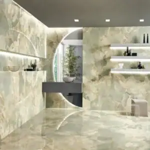 Không gian sảnh hiện đại nổi bật với gạch BIGSLAB vân Onyx xanh ngọc, tạo hiệu ứng xuyên sáng cùng hệ đèn LED, mang đến vẻ đẹp sang trọng và ấn tượng.