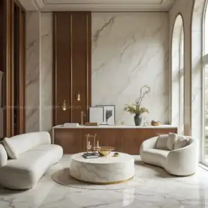 Gạch vân đá marble trắng khổ lớn giúp phòng khách trở nên đẳng cấp, tôn lên vẻ đẹp của nội thất gỗ và kim loại ánh vàng.