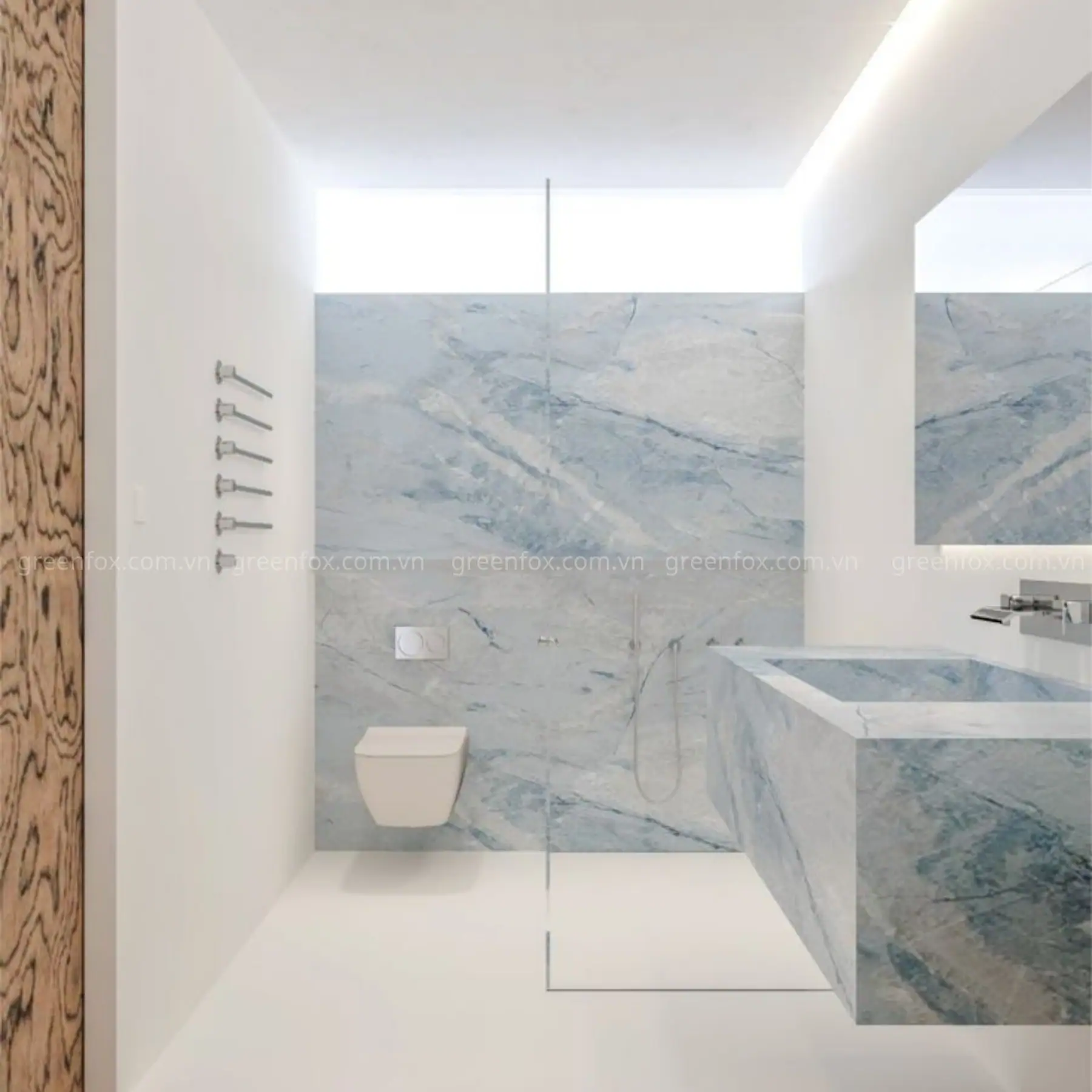 Gạch vân marble xanh khổ lớn mang đến vẻ đẹp mát mắt và tinh tế cho phòng tắm hiện đại. Các đường vân đá mềm mại kết hợp thiết kế liền mạch giúp không gian trở nên rộng thoáng và sang trọng.