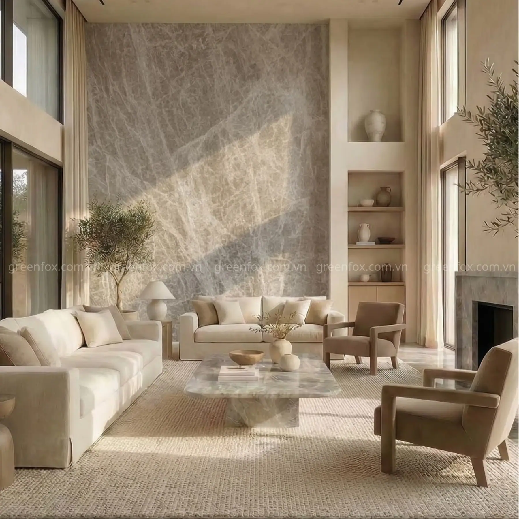 Gạch ốp tường vân marble màu xám Spider Grey khổ lớn 120x280 cm với hệ vân chỉ trắng đan xen, tạo điểm nhấn sang trọng cho phòng khách trần cao.