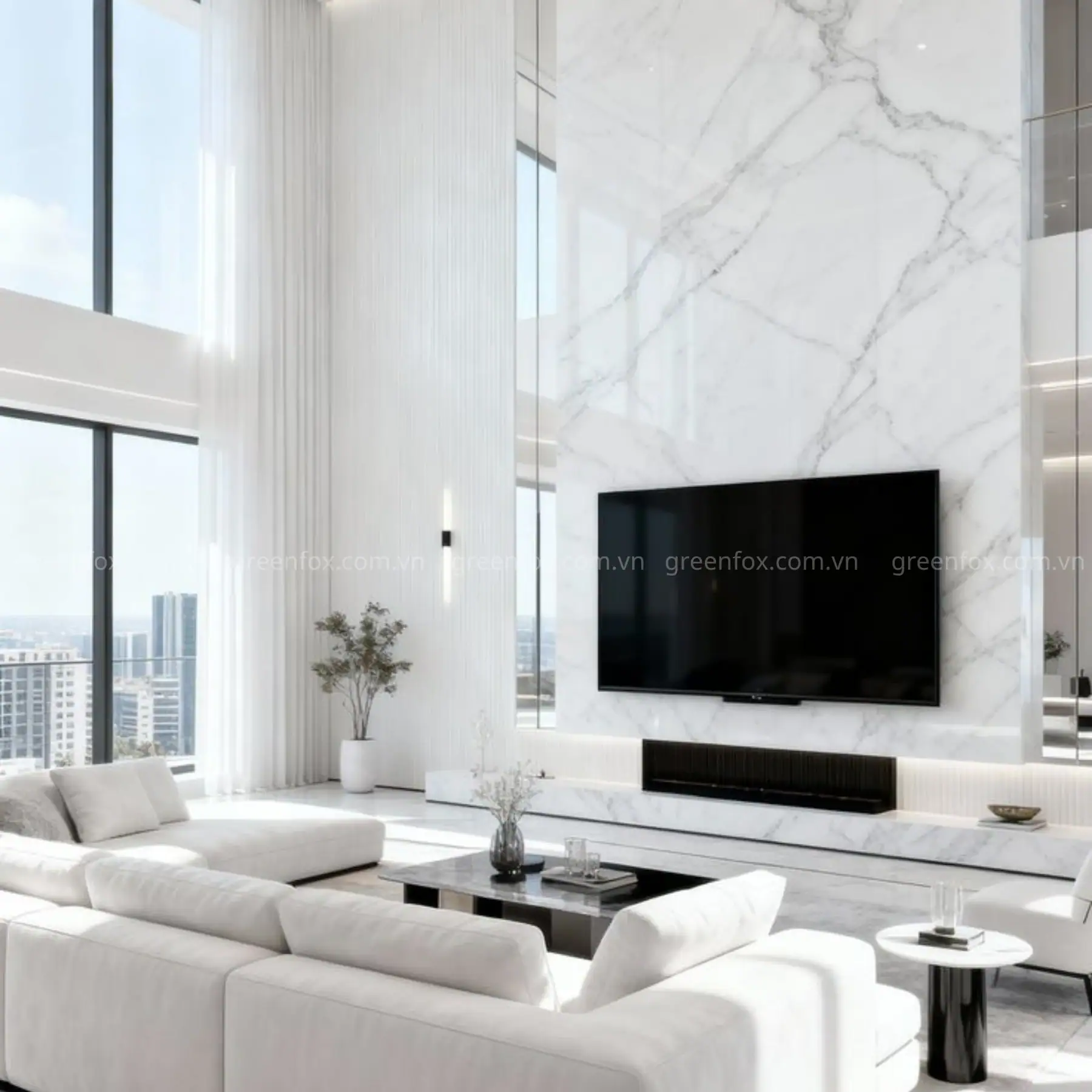 Phòng khách sử dụng gạch porcelain vân marble trắng Calacatta kích thước 120x240 cm ốp tường TV, nổi bật với đường vân xám thanh mảnh và bề mặt bóng sang trọng.