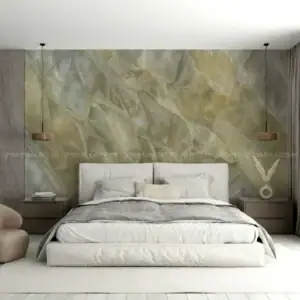 Phòng ngủ hiện đại sử dụng gạch vân onyx xanh olive khổ lớn 120x240 cm ốp đầu giường, nổi bật với các lớp vân xuyên sáng và hiệu ứng đá tự nhiên độc đáo
