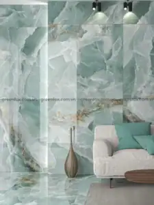 Gạch porcelain vân Onyx xanh ngọc ốp tường phòng khách cao cấp.