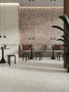 Gạch terrazzo mang phong cách hiện đại, tạo điểm nhấn cho quán cà phê và không gian thương mại.