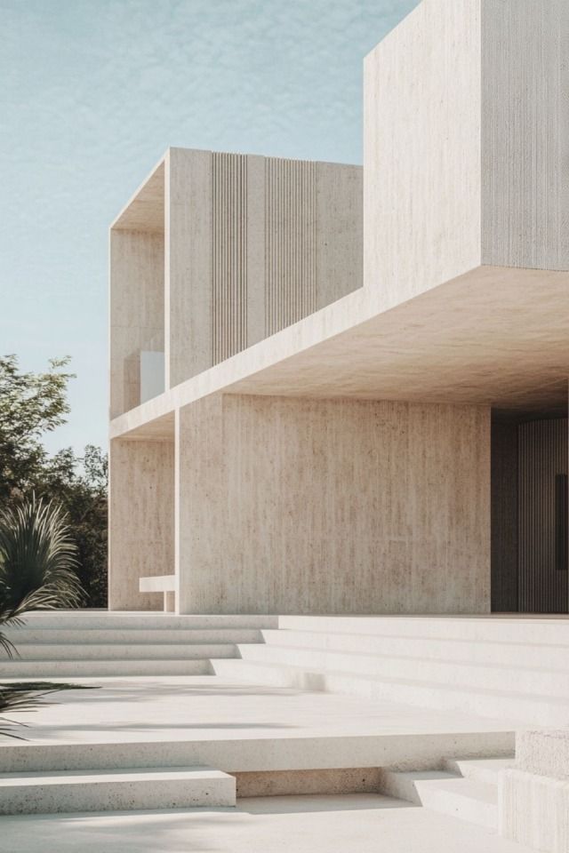 Mặt tiền ốp giả đá vân travertine tông be sáng, tổng thể tối giản nhưng vẫn rất cao cấp.