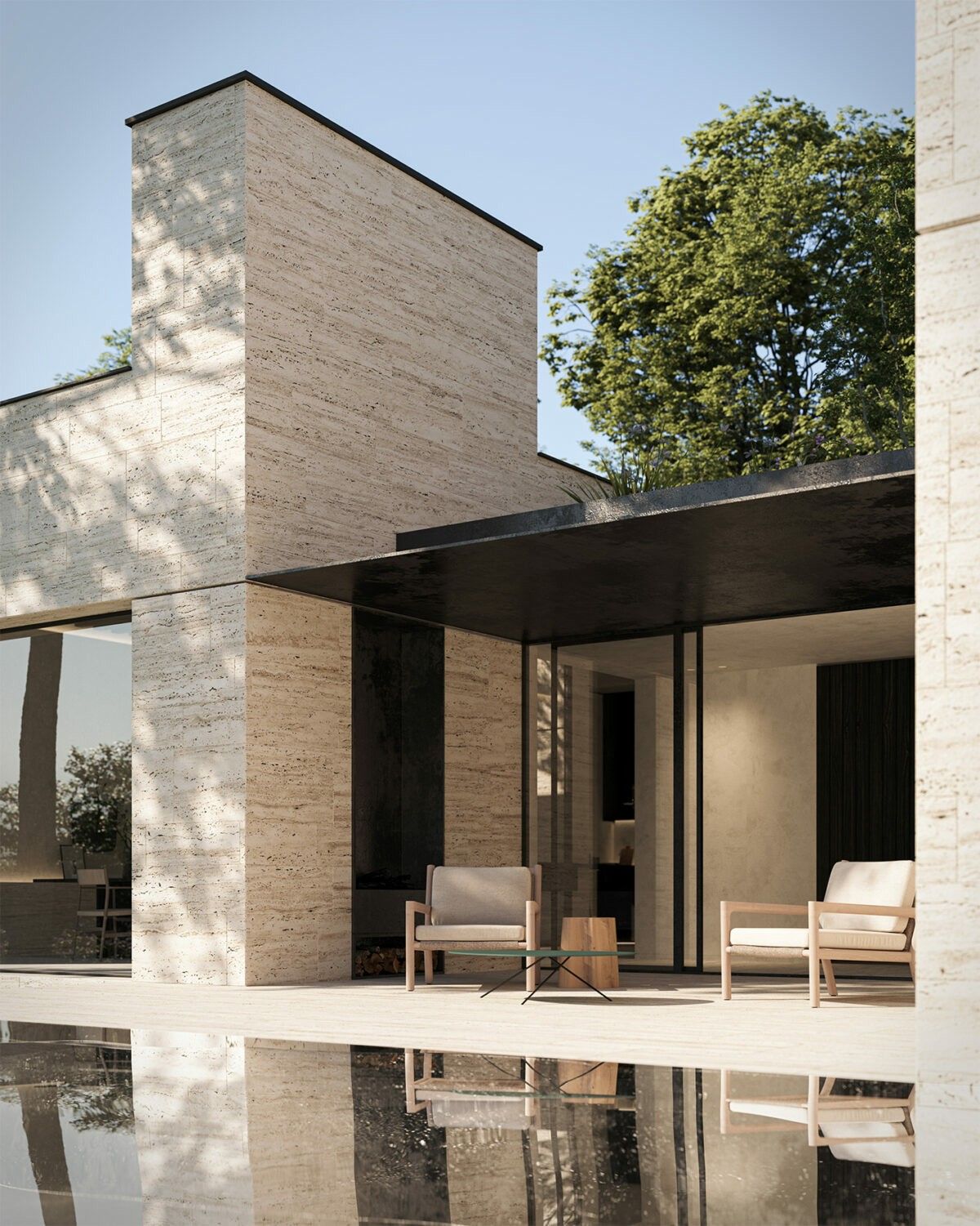 Ngoại thất travertine vân tự nhiên, phối mái phẳng tối màu mang chất “minimal luxury”.