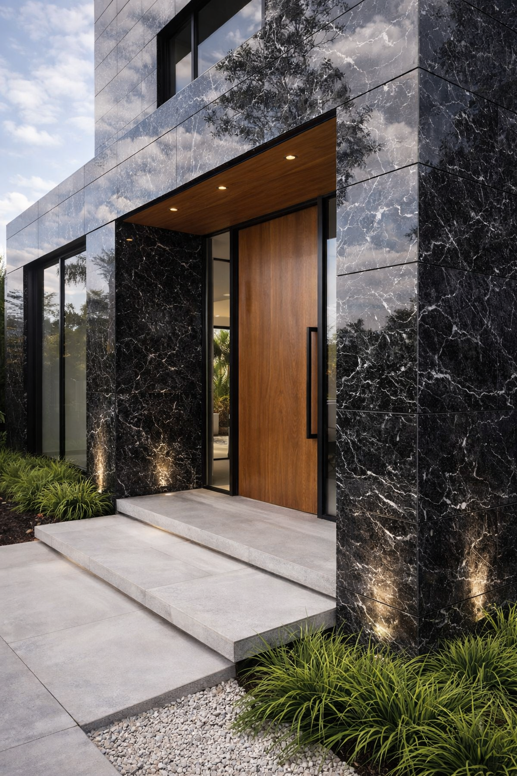 Mặt tiền sử dụng gạch giả đá hoa cương tông xám đậm, vân trắng tự nhiên, tạo cảm giác sang trọng và mạnh mẽ.