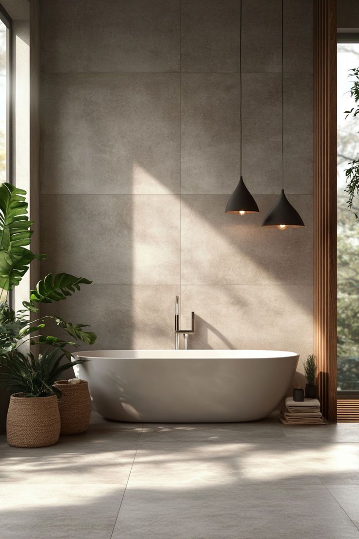 Gạch ốp tường vân tông kem – không gian tắm “spa vibe”, sáng thoáng và rất dịu mắt.