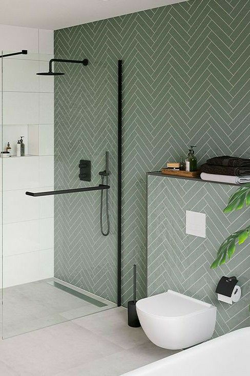 Gạch thẻ xương cá màu xanh – mảng nhấn nổi bật cho nhà tắm, nhìn có gu mà không rối.