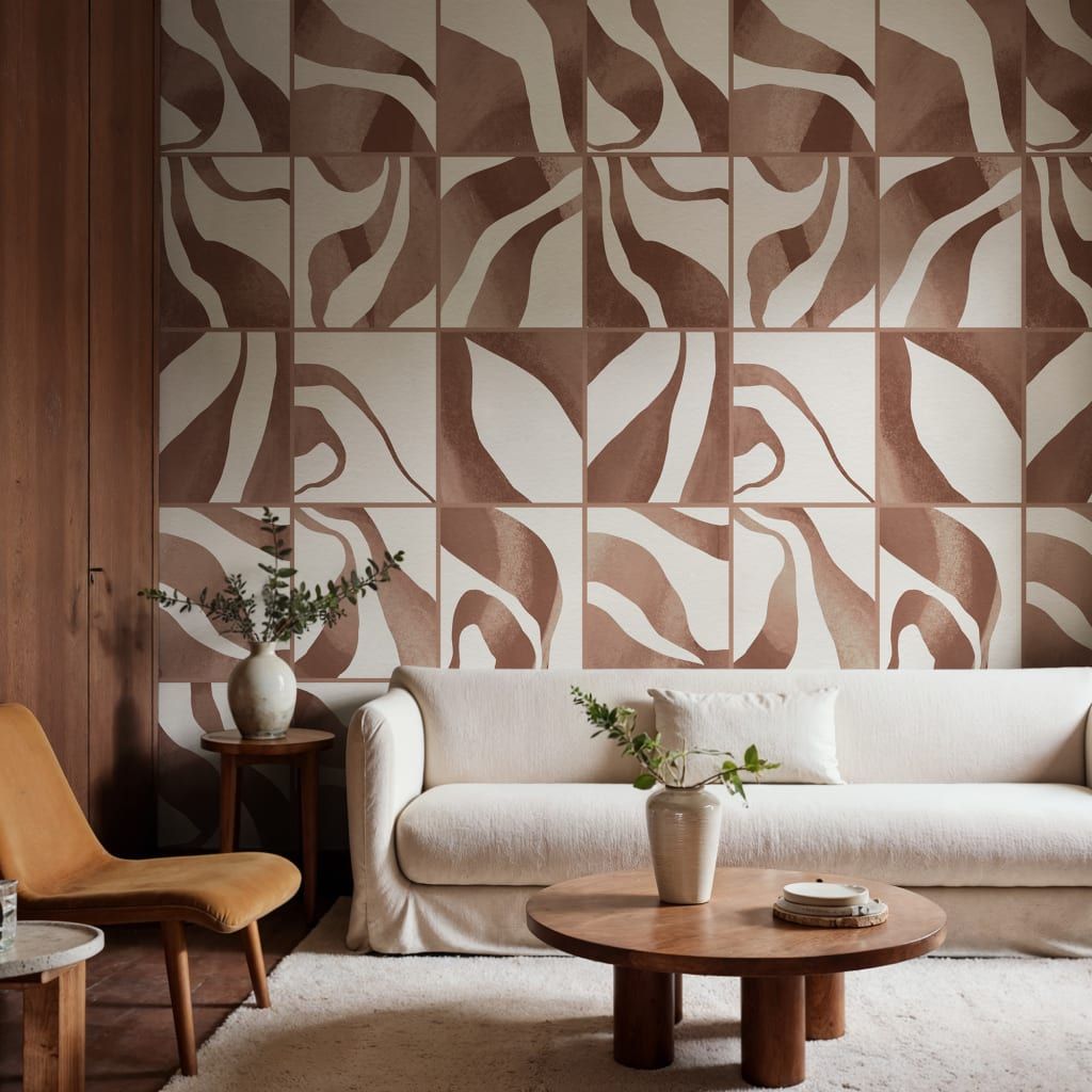 Gạch hoạ tiết nghệ thuật tông nâu – tạo mảng nhấn phòng khách rất “có gu”.