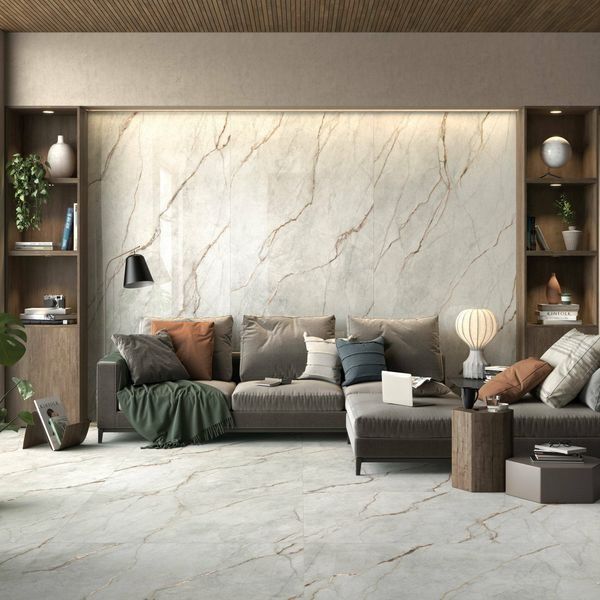 Gạch vân marble trắng vân xám giúp phòng tắm sáng thoáng, sang nhẹ.