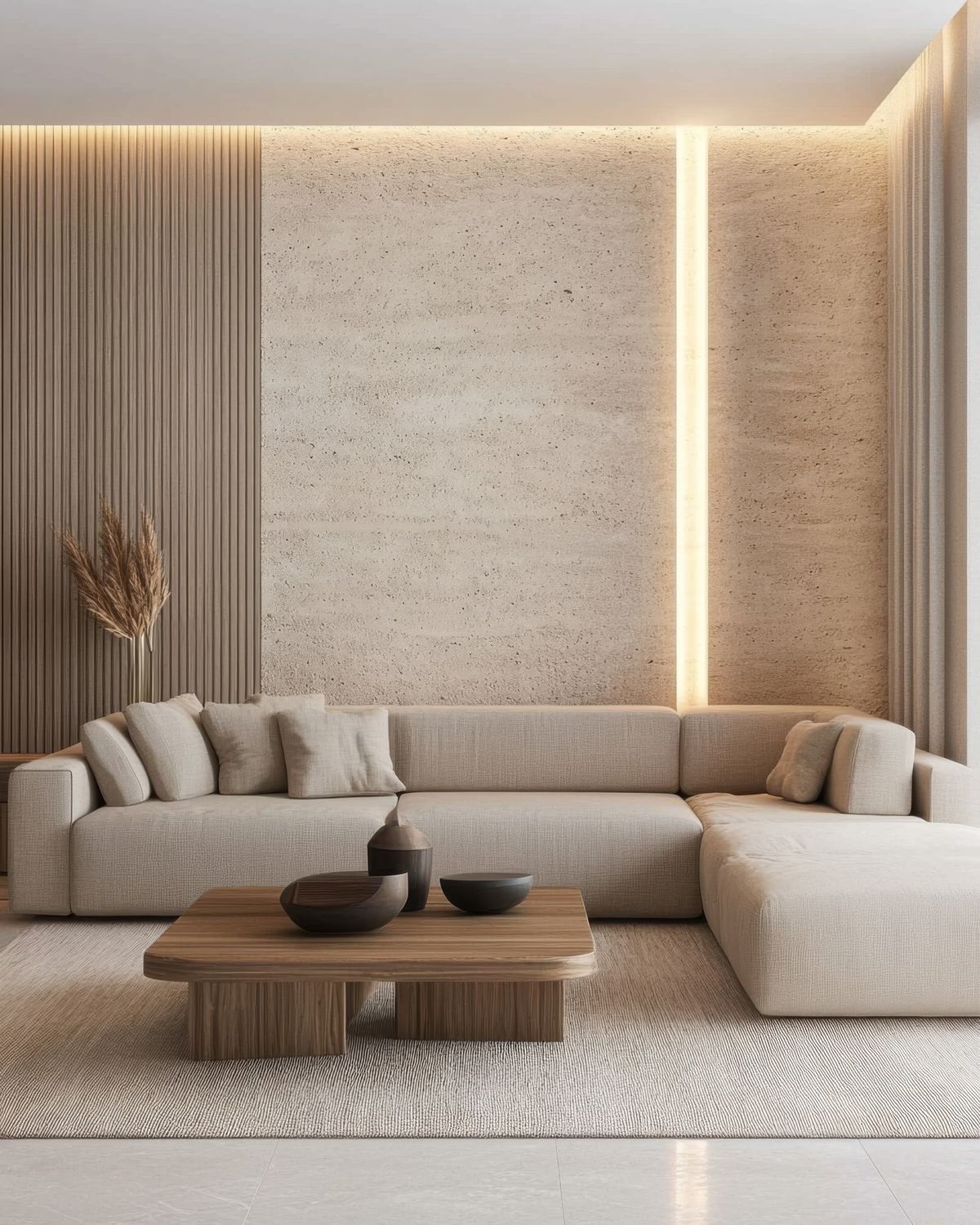 Mảng tường travertine + đèn hắt – tạo chiều sâu, cảm giác “resort vibe”.