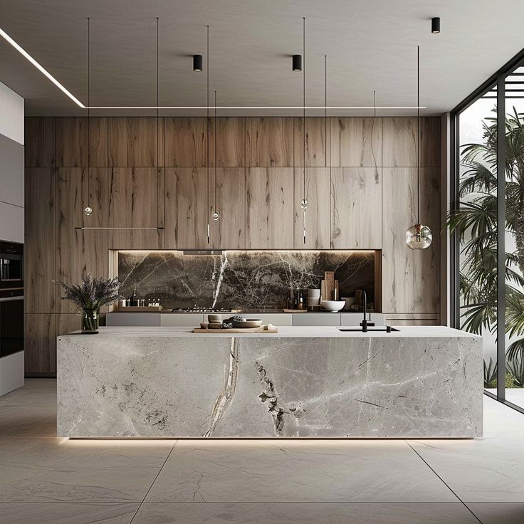 Gạch marble xám vân mạnh kết hợp gỗ