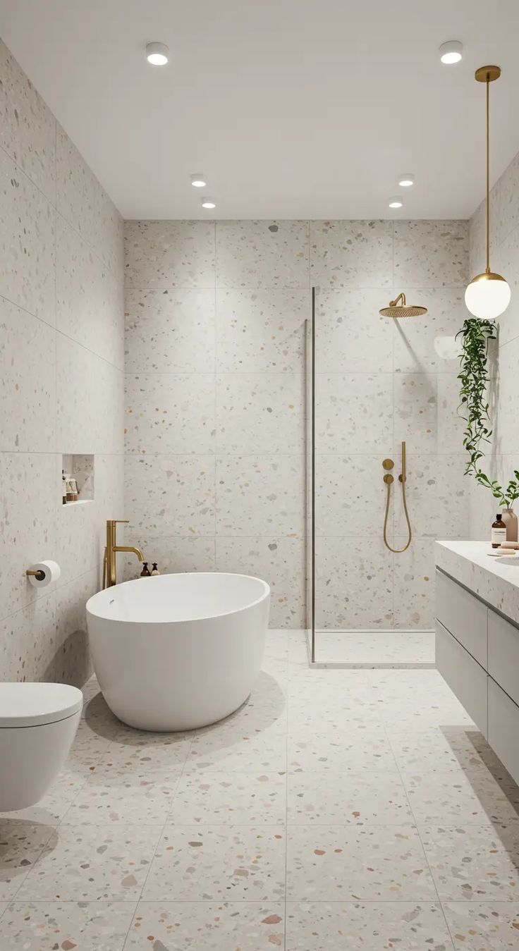 Gạch terrazzo trắng hạt nhỏ – nhà tắm sáng, sạch và dễ vệ sinh.