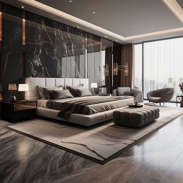 Vân marble đen ốp mảng lớn sau giường – mạnh mẽ, sang