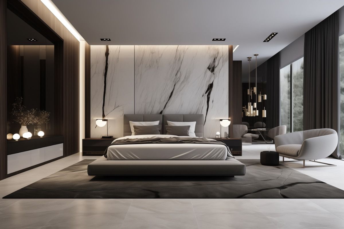 Marble trắng vân khói dạng slab/khổ lớn: ít ron, bề mặt liền mạch, phòng ngủ nhìn “đắt” hơn hẳn.