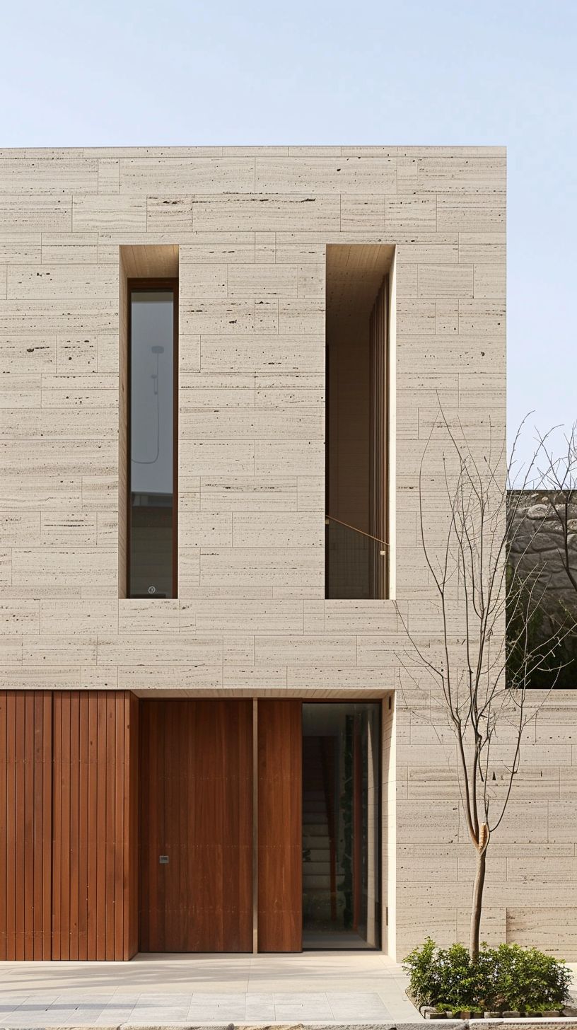 Gạch vân travertine tông be – mặt tiền sáng, ấm và rất cao cấp