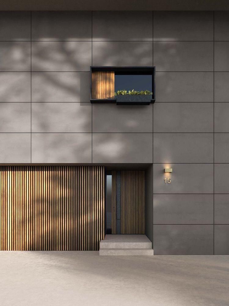 Gạch ốp mặt tiền 30x60 giả xi măng tông ghi phối lam gỗ, hợp phong cách tối giản và mạnh mẽ