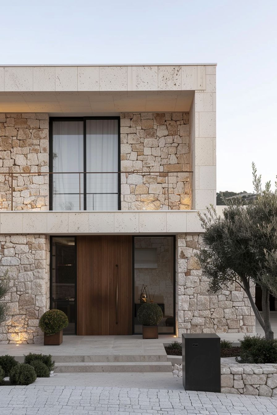 Mẫu gạch ốp tường ngoài trời đẹp theo phong cách resort: vân đá tự nhiên màu be phối khung cửa đen và cửa gỗ, tạo cảm giác ấm, sang nhưng vẫn tinh tế.