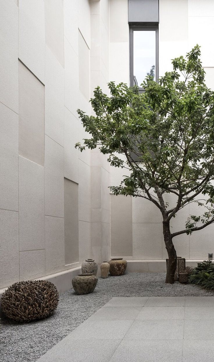 Sân vườn Zen tông trắng kem, bề mặt vân nhẹ giúp không gian thoáng và tinh tế.