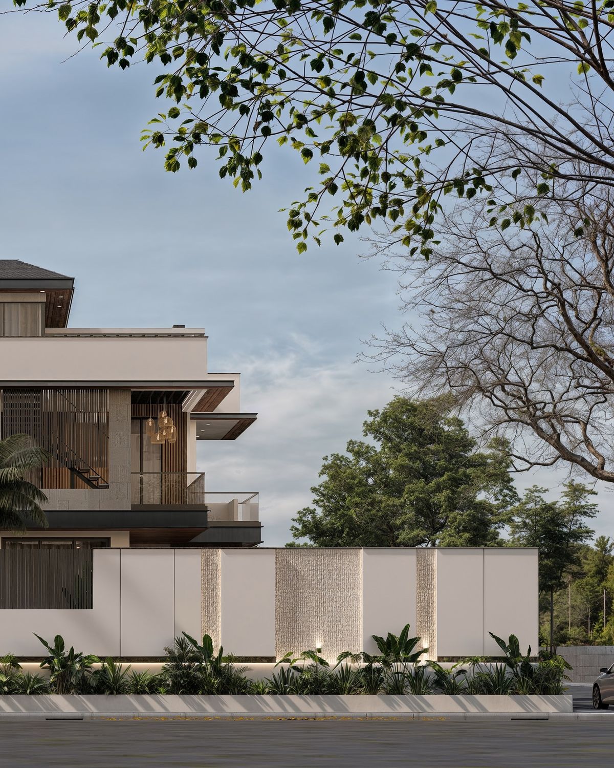 Cổng tối giản – tường ốp đá kem: sang, bền, ít lỗi thời.