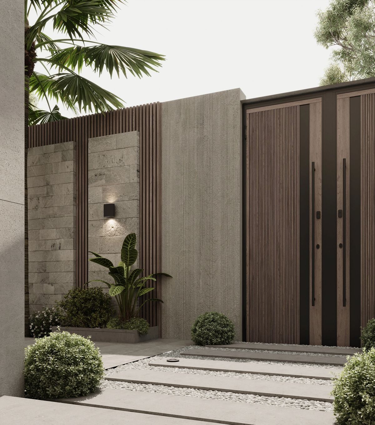 Gạch ốp tường ngoài trời vân đá/xi măng phối lam gỗ làm khu vực cổng thêm vững chãi, hiện đại và đẳng cấp.