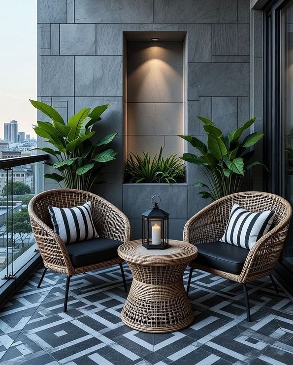 Ốp tường ban công bằng gạch vân đá tối màu mang cảm giác hiện đại, chống bám bẩn tốt khi dùng ngoài trời.